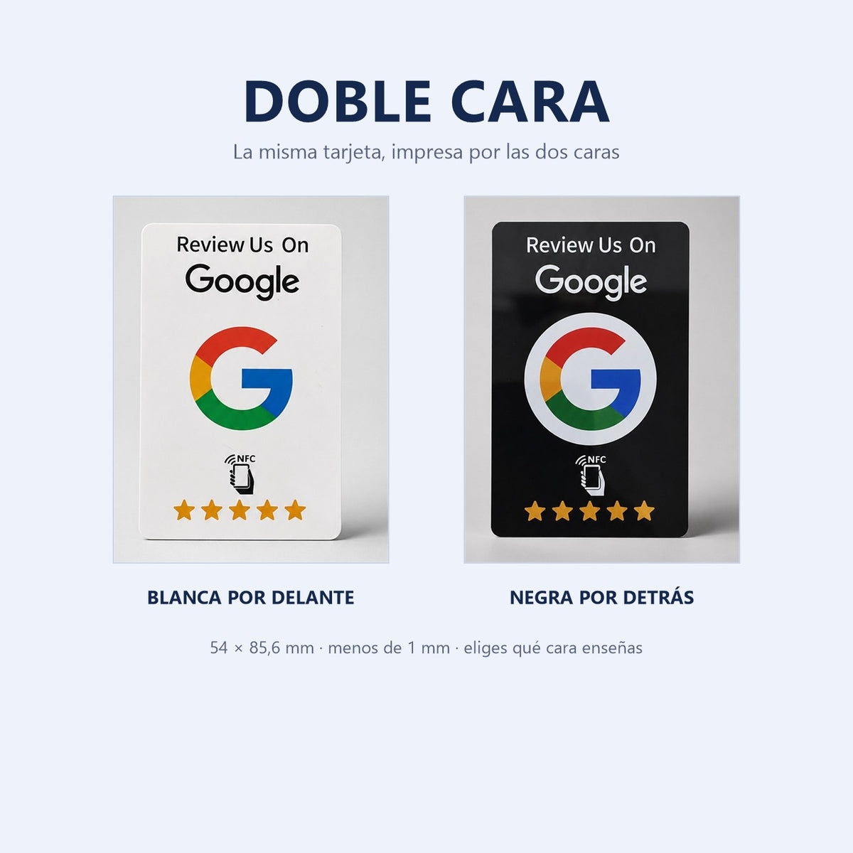 Tarjeta NFC de reseñas de Google a doble cara: blanca por delante y negra por detrás, 54 x 85,6 mm